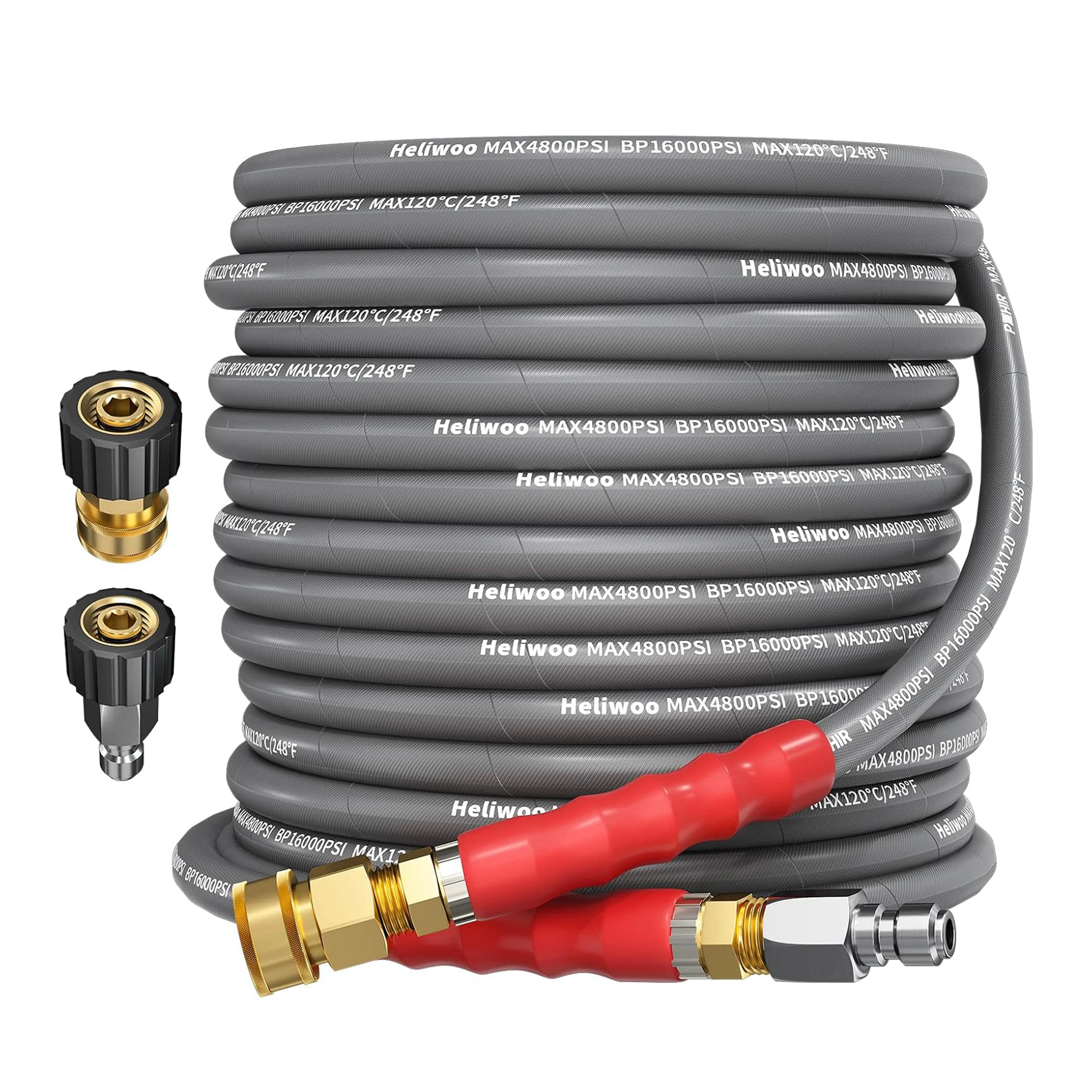 Heliwoo 3/8'' Power Washer Extension Hose, Commercial Industrial Grade Steel Wire Braided Kink-Proof Hose with 3/8 Quick Connect Fittings, 4800 PSI, Power Washer Hoses