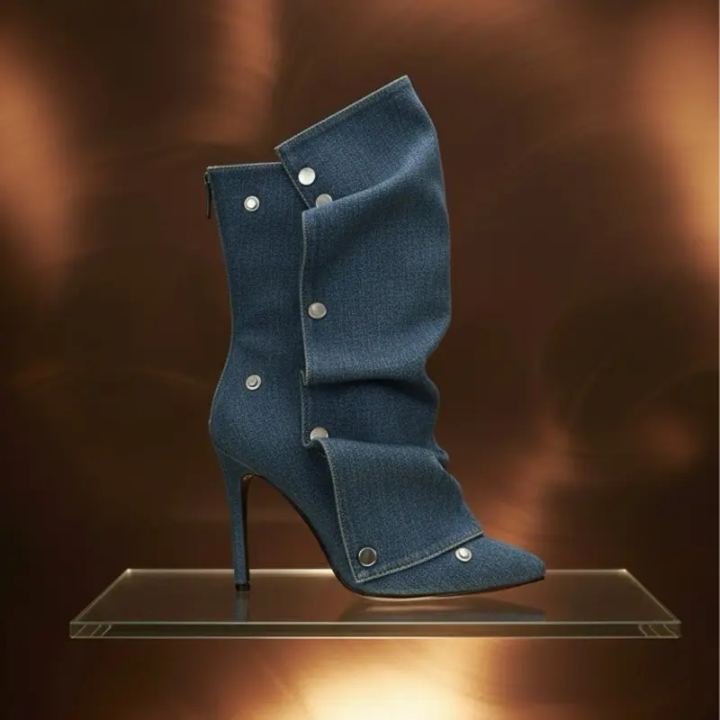Nayla Denim Ruffle Bootie - High Heel Stiletto Boots with Button Detail and Ruffle Design for Women