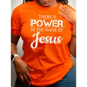 Plus Size Women Inspirational Jesus Power Quotes 0-8XL T-Shirt - Casual Crew Neck, Short Sleeve, Camel Polyester T-Shirt, Artistic Letter Print, Machine Washable |   Graphic T-shirt |   Polyester Fabric
