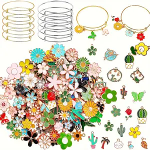 300pcs Spring Flower Theme Jewelry Making Flower Talisman Set, Comes with 15 Controllable Bracelets, 60 Various Flower Charms, 45 Ear Hooks, 180 Jumping Rings, DIY Necklaces, Bracelets, Earrings Making Supplies, Various Enamel Pendants Gifts