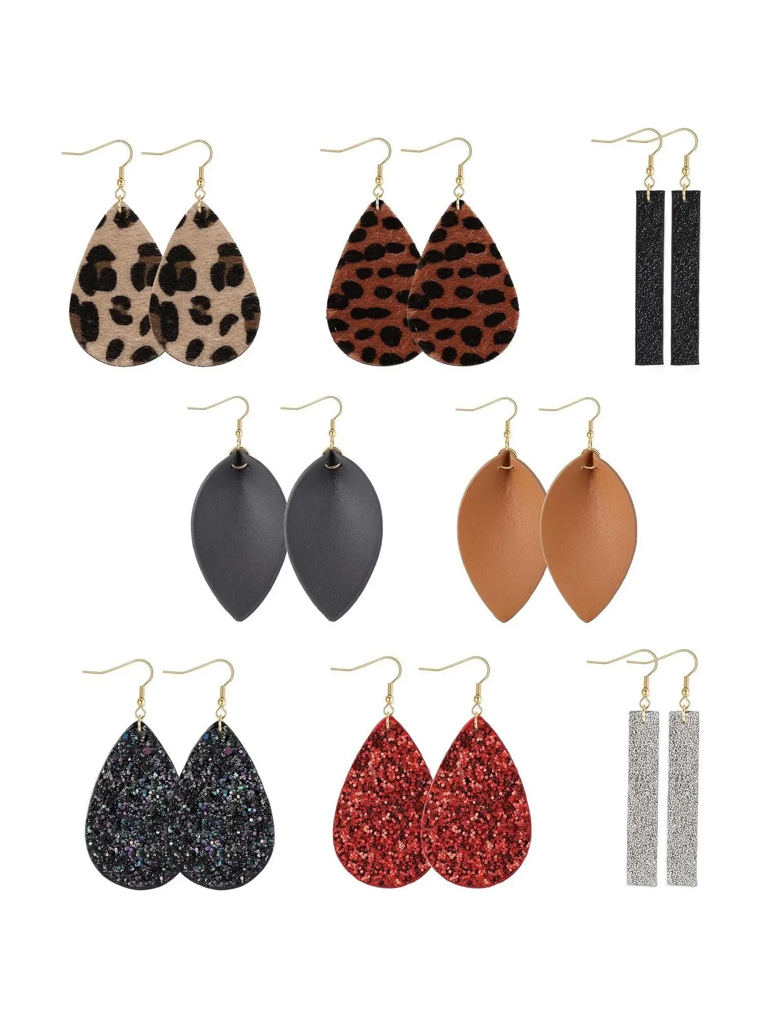 8 Pairs Colorful Leather Earrings for Women Men Fashionable Leaf Leopard Print Earrings Set for Daily Wear Autumn Style Jewelry Set Natural Lightweight Teardrop Dangle Earrings