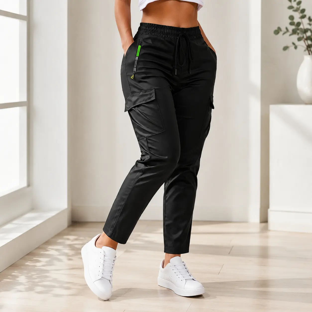 Women’s Cargo Jogger Pants, Elastic Drawstring Waist Tapered Pants with Side Zipper Accent & Multi Pockets, Lightweight Casual Ankle-Length Utility Pants for Daily Wear, Travel, Work, Lounge, Outdoor Streetwear, 5 Color Options, Comfort Fit