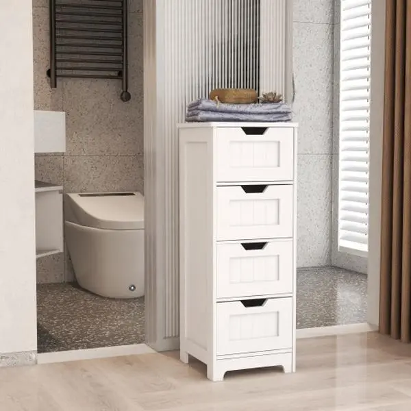 32-Inch Tall Multi-Level Drawer Storage Cabinet - 4-Drawer White Clutter-Free Hidden Storage Indoor Cupboard, Scratch-Resistant, Damp-Proof for Bathroom Towels, Bedroom Closet Organization, Modern Clean Design, White Cabinets, Clutter-Free Cabinets