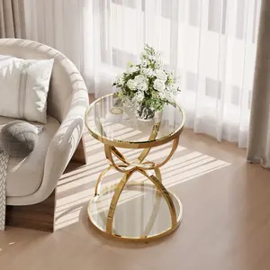 19.69'' Modern Glass Side Table with 2 Tiers, Ring-Shaped Frames, Metal Frame and Clear Tempered Glass, Round Coffee Table,Bedside table for Living Room, Bedroom and Office, Gold outdoorfun