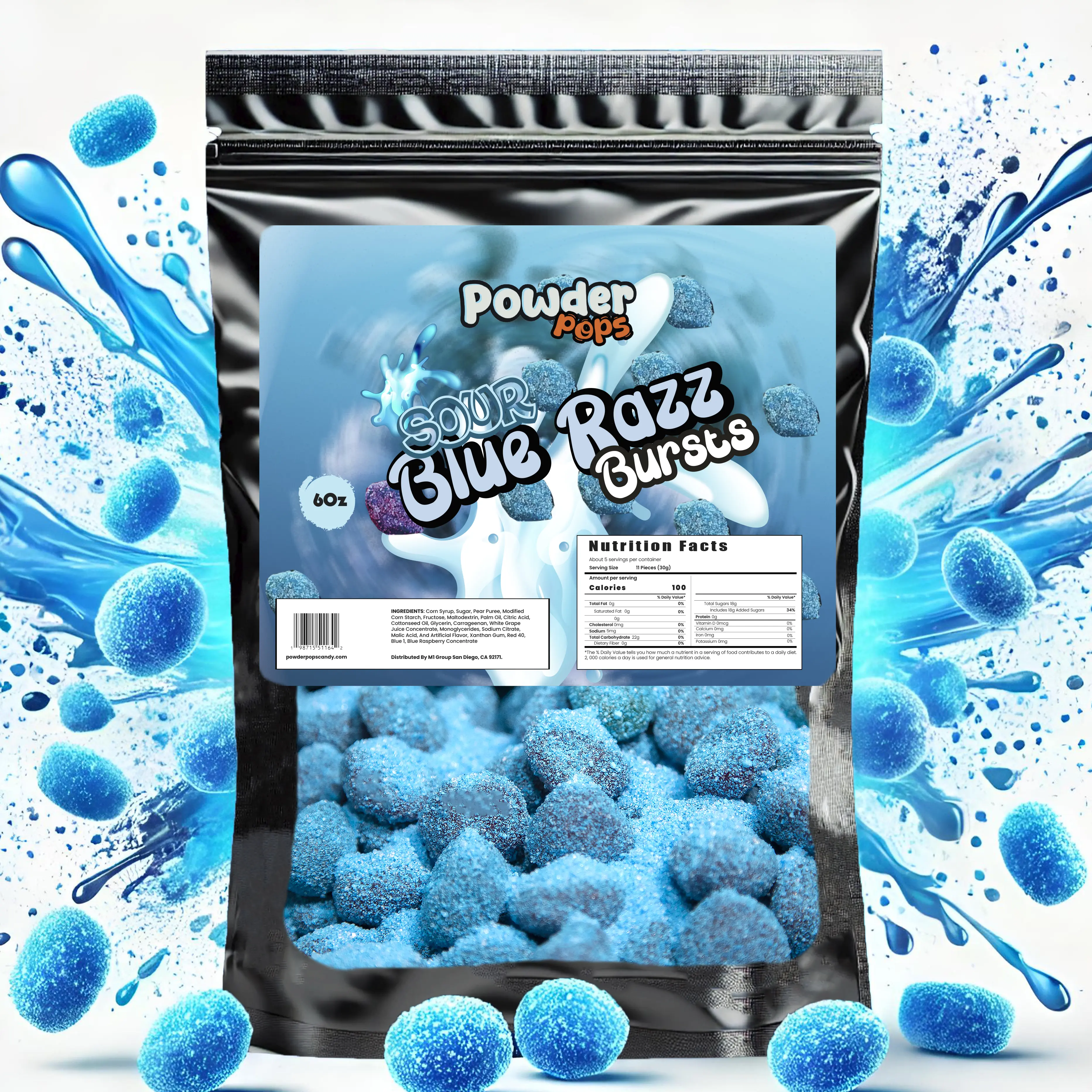 PowderPops Sour Blue Razz Gusher Bursts 6OZ - Viral Gummies - Sweet & Sour Fruit Snack Candy