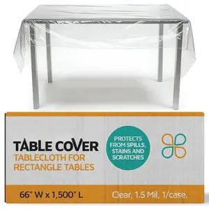 Clear Plastic Table Cover - Clear Plastic Table Cloth - Dining Table Protector Cover - Tablecloth for Rectangle Tables, 1.5 Mil, 66" W x 1,500" L (1-Pack)