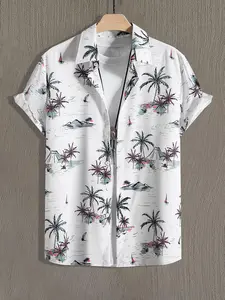 Men's Coconut Tree Print Short Sleeve Aloha Style Shirt, Button Front Shirt, Regular Fit Casual Button Collar Top for Summer, Men's Clothes for Beach Vacation, Menswear