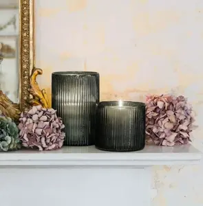 Smoke Glass Ribbed Hurricane Candleholder, 8, Large