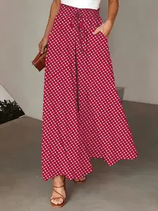 Boho Wide Leg Pants Elastic Waist Drawstring Polka Dot Print Long Skirt Pants, Stylish and Comfortable Women's Fashion, Perfect for Casual Wear
