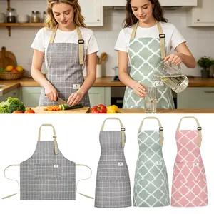3 Pack Cotton Linen Waterproof Bib Kitchen Apron with Pockets - Long Ties Adjustable Neck Strap - Unisex BBQ Cooking Drawing Crafting Aprons for Women Chef
