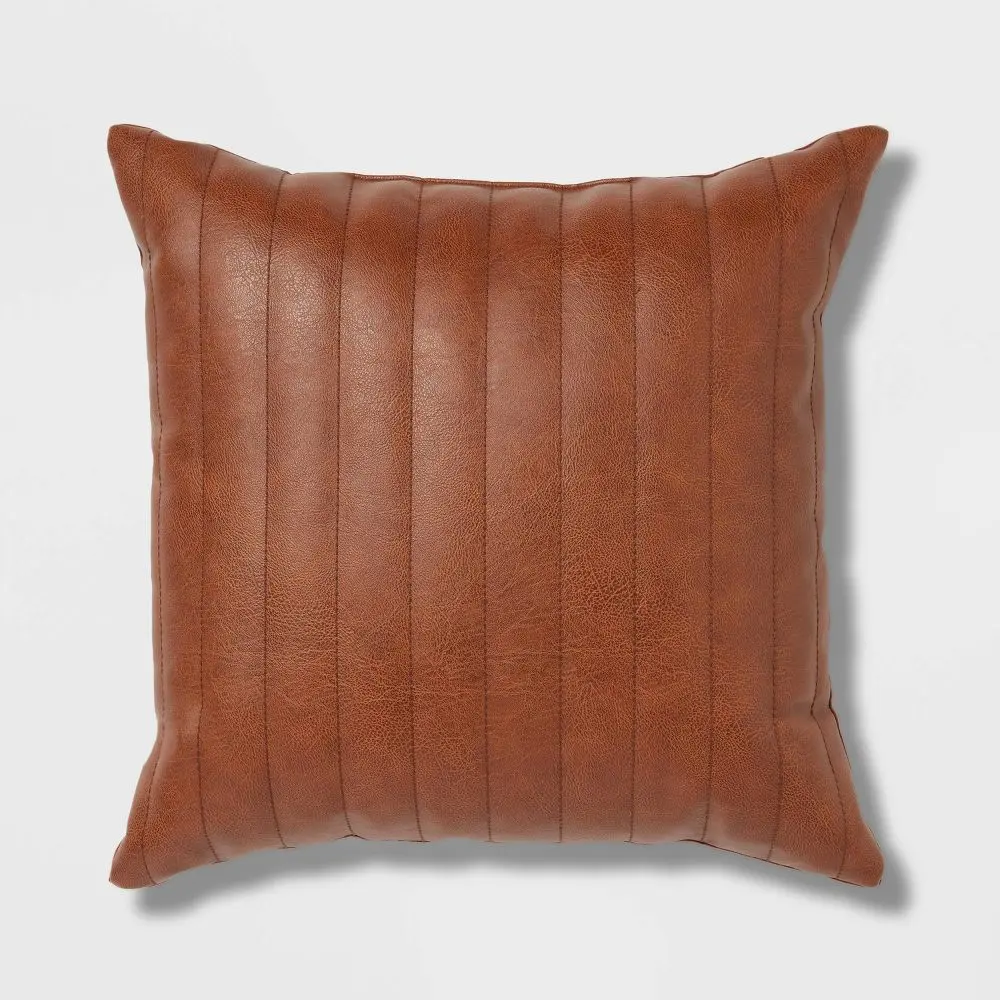 Square Faux Leather Channel Stitch Decorative Throw Pillow - Threshold: Indoor Polyurethane & Cotton Pillow