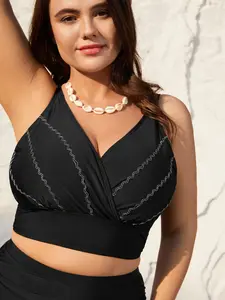 BLOOMCHIC Plus Size Embroidered Surplice Neck Adjustable Bikini Top - Tammy Control, Summer Turn-Up, Nylon Blend, Embroidered Trim, Removable Pads, Beach Wear, Rashguard [M-6X] 2026 Mother's Day Pick 2026 Summer Vibes Bikinitops Swimweek summerwins,summer