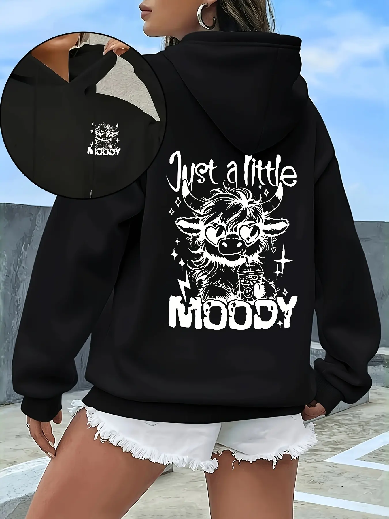 Just A Little Moody Highland Cow Graphic Hoodie 100% Cotton Unisex Oversized Pullover Sweatshirt Back & Chest Dual Print