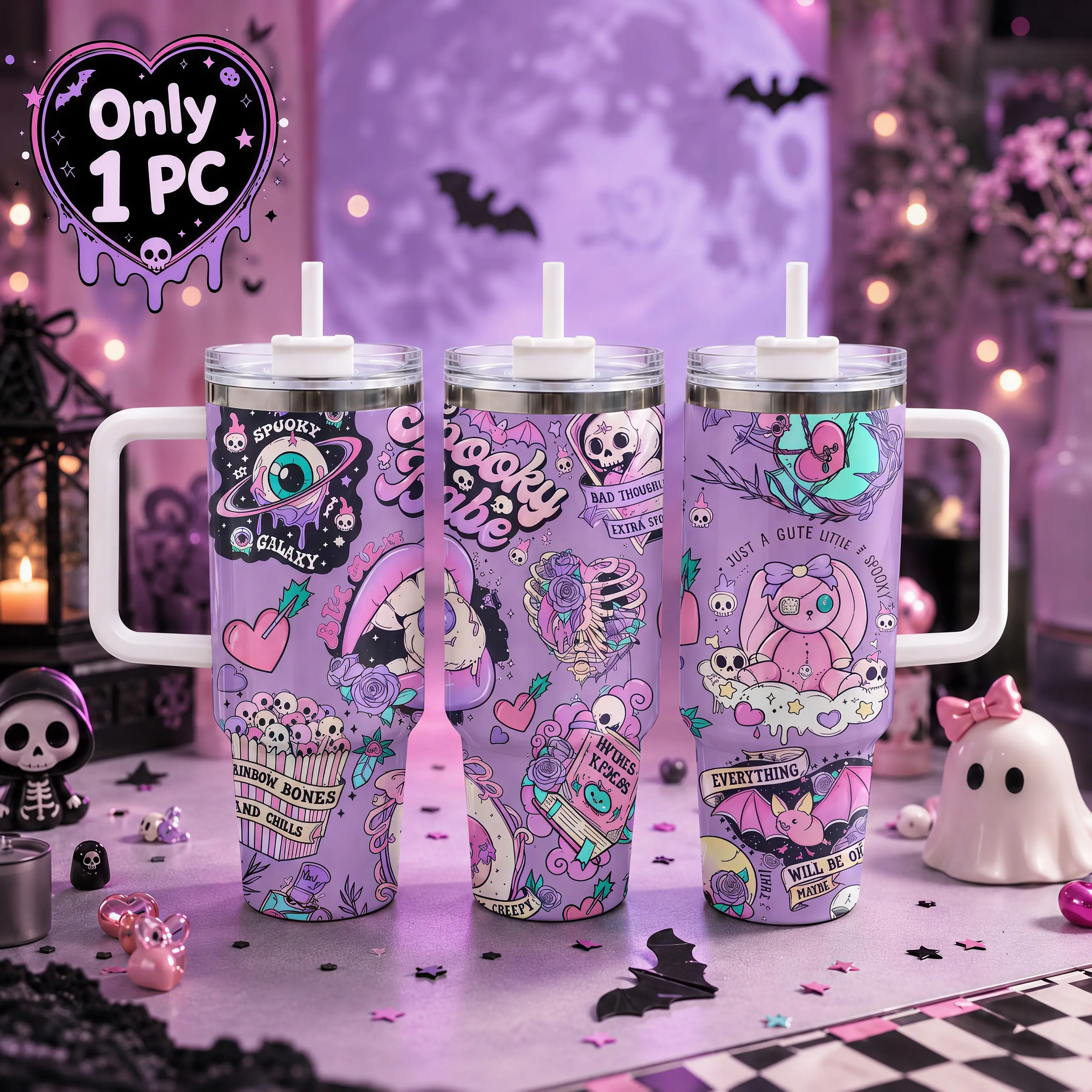 40oz Stainless Steel Insulated Tumbler with Handle, Straw, Lid - Cute Spooky Skull, Bat, Bunny 2D Printed Vacuum Flask Coffee Travel Cup, Halloween Gift for Women