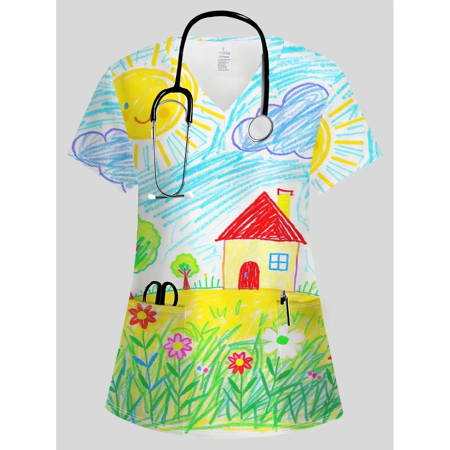 Stylish V-Neck Short Sleeve Scrub Top with Pockets | Cartoon Design, Breathable All-Season Fabric, Comfortable Stretch for Medical Professionals, Salon Artists, Pet Groomers, and Chefs