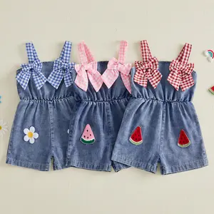 Babamoon Toddler Baby Girls Denim Romper Shorts Watermelon Flower Embroidery Sleeveless Square Neck Jumpsuit Summer Clothes 6M-4Y