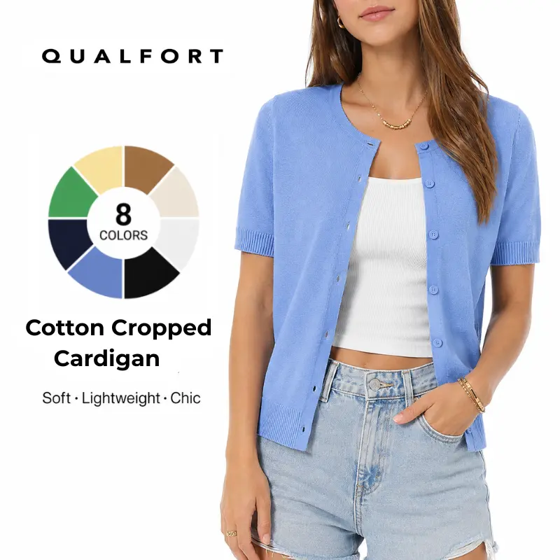 QUALFORT Women’s 100% Cotton Cropped Short-Sleeve Button-Down Knit Cardigan Sweater - Lightweight Basic Knitwear, Women's Fashion Business Casual Summer Tops, Business Casual Tops, Tops Women,clothes for back to school,first day of school outfits