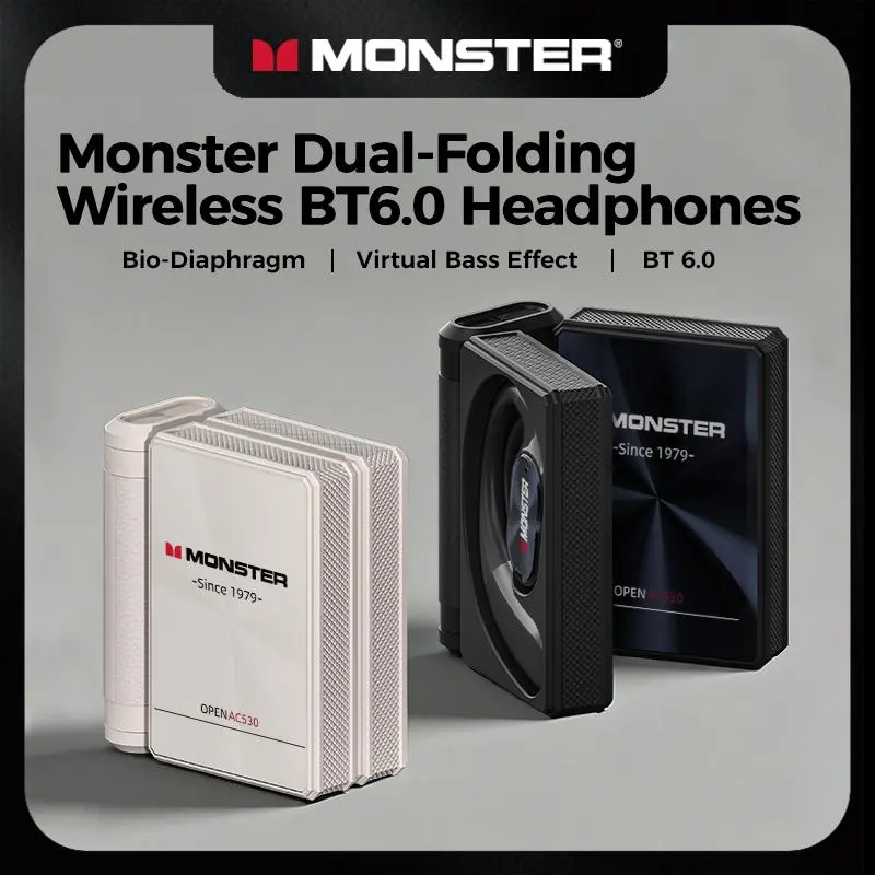 Monster AC530 Open-Ear Mic Headset, Dual-Fold Design, Mic Noise