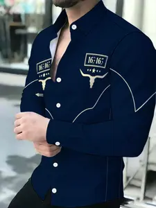 Men's Dark Blue Long-Sleeve Shirt with Longhorn Skull Novelty Pattern Menswear