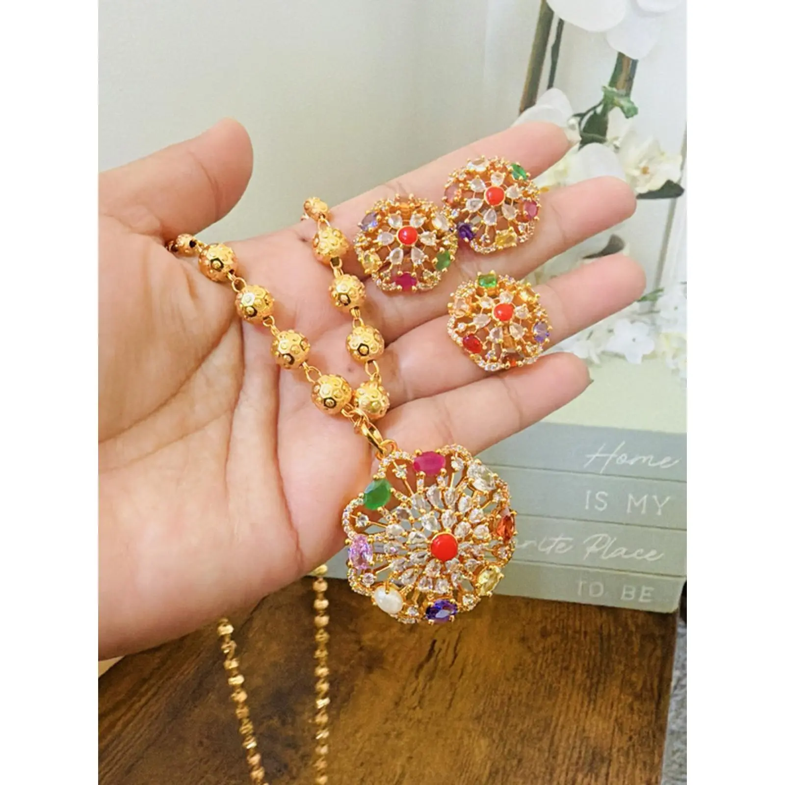 Gold Tone Navratna Ball Choker Necklace Set for Female Wear, Floral Multi-Stone Design with Pendant, Ideal for Special Events