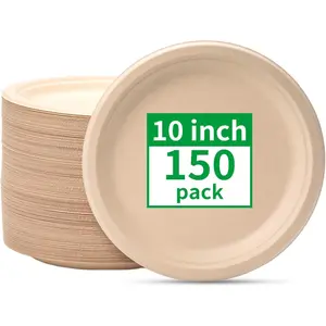 Compostable Paper Plates 10 Inch [150 Pack], Disposable Biodegradable Heavy Duty Paper Plates, Made of  Sugarcane Fibers, Unbleached Brown, Round
