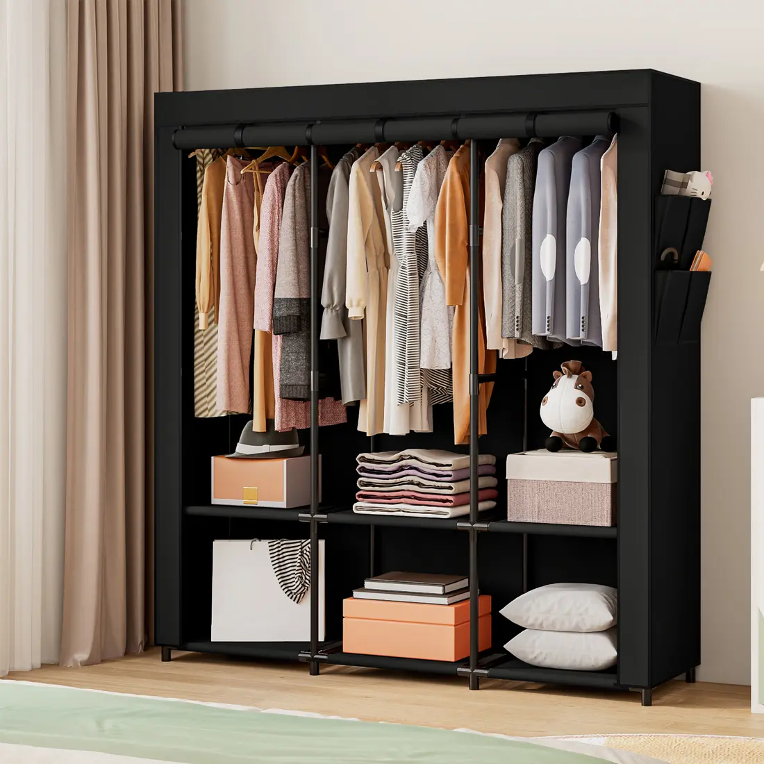 LINZINAR Portable Closet Wardrobe Storage Organizer Metal Hanging Rack Non-Woven Fabric 50 Inch Durable Design Dust Protection Easy Assembly 65.75 x 50.39 x 17.72 inches