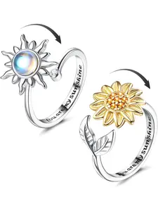 2Pcs Silver Anxiety Rings for Women Sunflower Fidget Ring You are My Sunshine Anxiety Ring Moonstone Anti Stress Ring Adjustable Open Spinner Rings for Anxiety Women Statement Rings