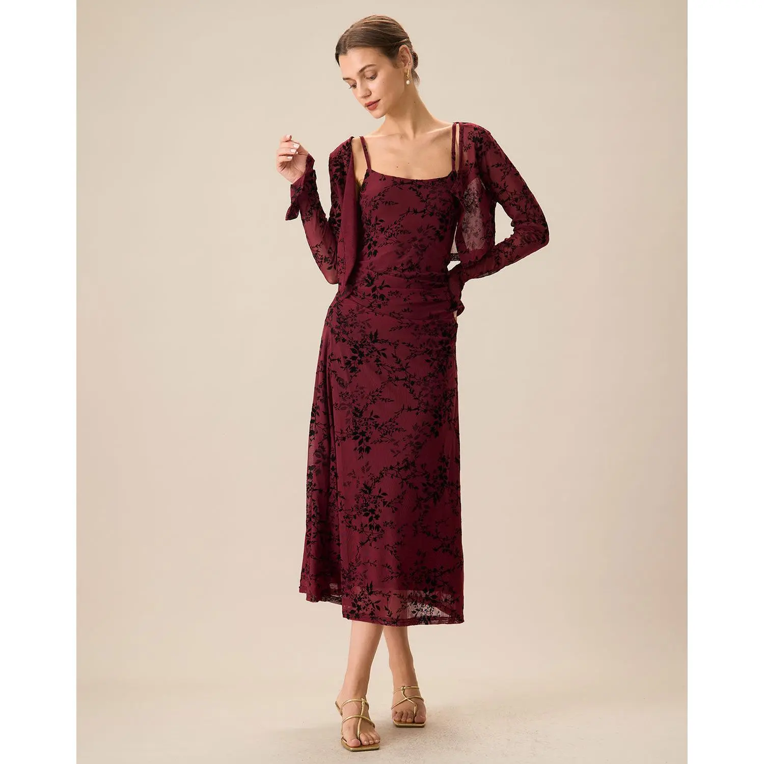 RIHOAS Women's Stretchy Floral Midi Slip Dress and Cardigan, 2-Piece Ruched Set with Bodycon Fit for Special Occasions, Going Out, Ready To Wear, Dry Fast, Elegant Party Dress, Cocktail Fit Dress