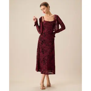 Rihoas Women's Red Floral Print Polyester Stretchy Long-Sleeve Bodycon Midi Slip Dress - Chic, Elegant, Soft Fabric, Casual Wear, Cardigan-Compatible