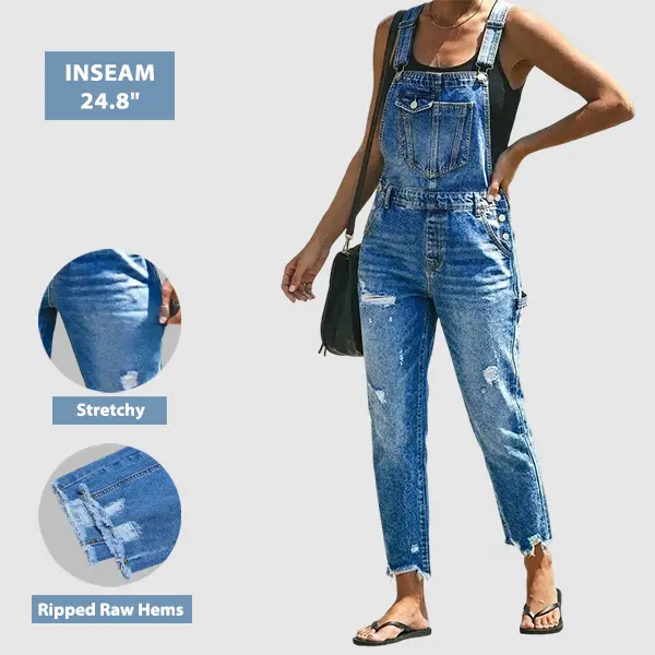 Flamingals Wash Ripped Raw Hem High Waist Straight Leg Crop Overalls Womenswear Stretchy 24.8" Inseam