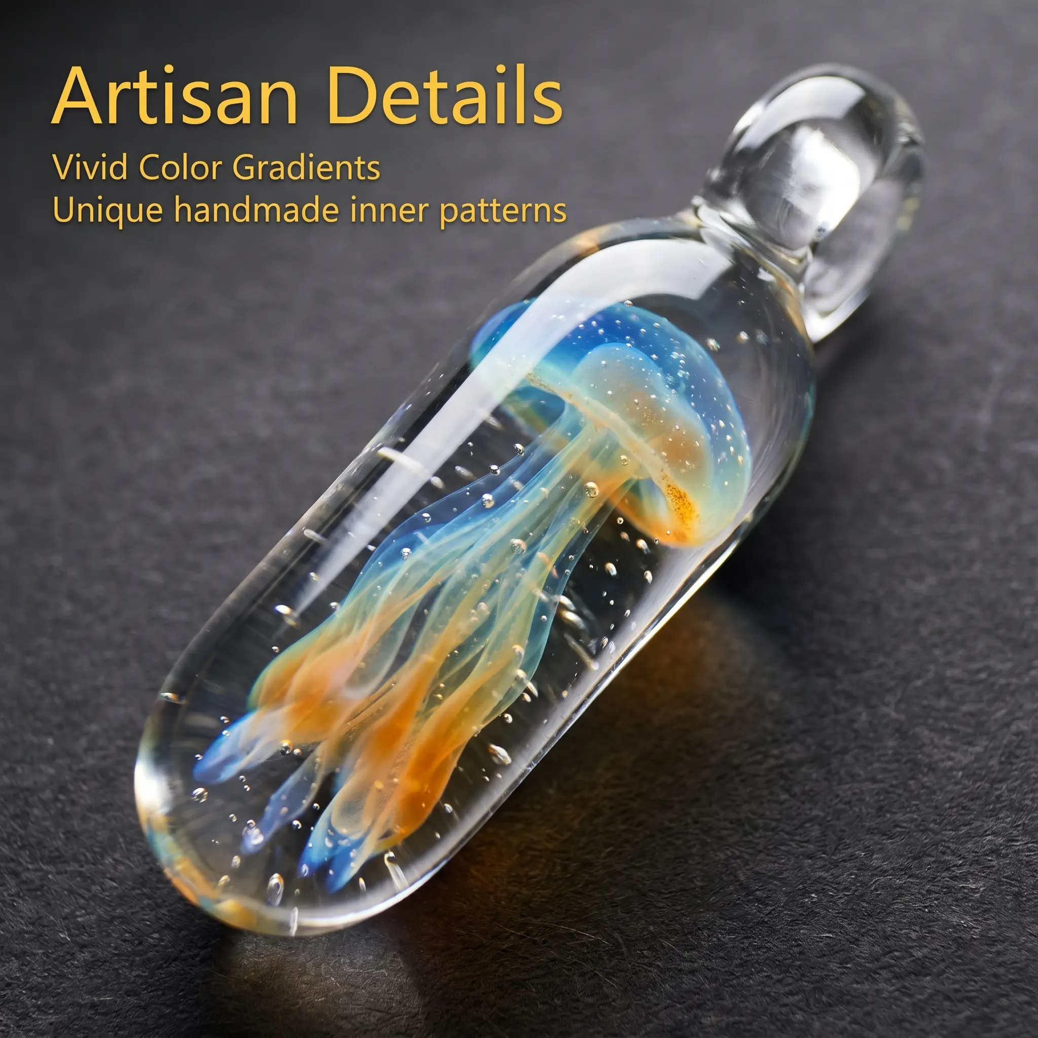 Hand-Blown Artisan Natural Crystal Jellyfish Pendant Necklace - Calm Healing Theme Jewelry, 1-of-a-Kind Youth Gift Ideas for Sea Lovers, Adults