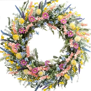 Spring Summer Colorful Flower Wreath for Front Door, Forsythia Lavender Wild Flowers Wreath for Home Decor, Colorful Wild Flowers with Green Leaves for Everyday, Decorative Wreath