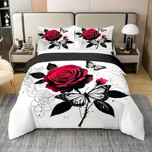 3-Piece Bedding Set (1 Fitted Sheet + 2 Pillowcases), Rose Floral Heart Butterfly Striped Art Print, Soft Comfortable, Decorative Bedding Set