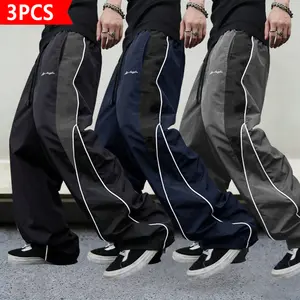 3-Pack Men’s Two-Tone Wide-Leg Pants, Lightweight Parachute Pants with Side Stripes, Elastic Waist Drawstring Streetwear Pants for Hip Hop, Y2K & Everyday Wear, Activewear, Casual, Set, Athletic tiktokshopspringglowup,summervibes