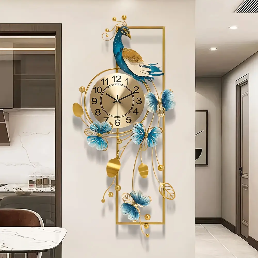 34.6 in Hanging Animal Shaped Decorative Wall Clock - Luxury Metal Home Decor, Irregular Peacock & Butterfly Design for Living Room, Outdoor Garden - Battery-Operated (AA Not Included), Animal Shaped Wall Clocks