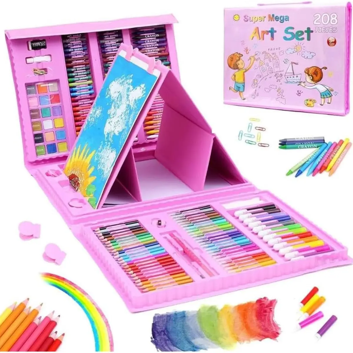 Extra Large Kids Art Set with Foldable Easel, Non-Toxic Crayons Colored Pencils Markers, Portable All-in-One Drawing Kit for Ages 3-10
