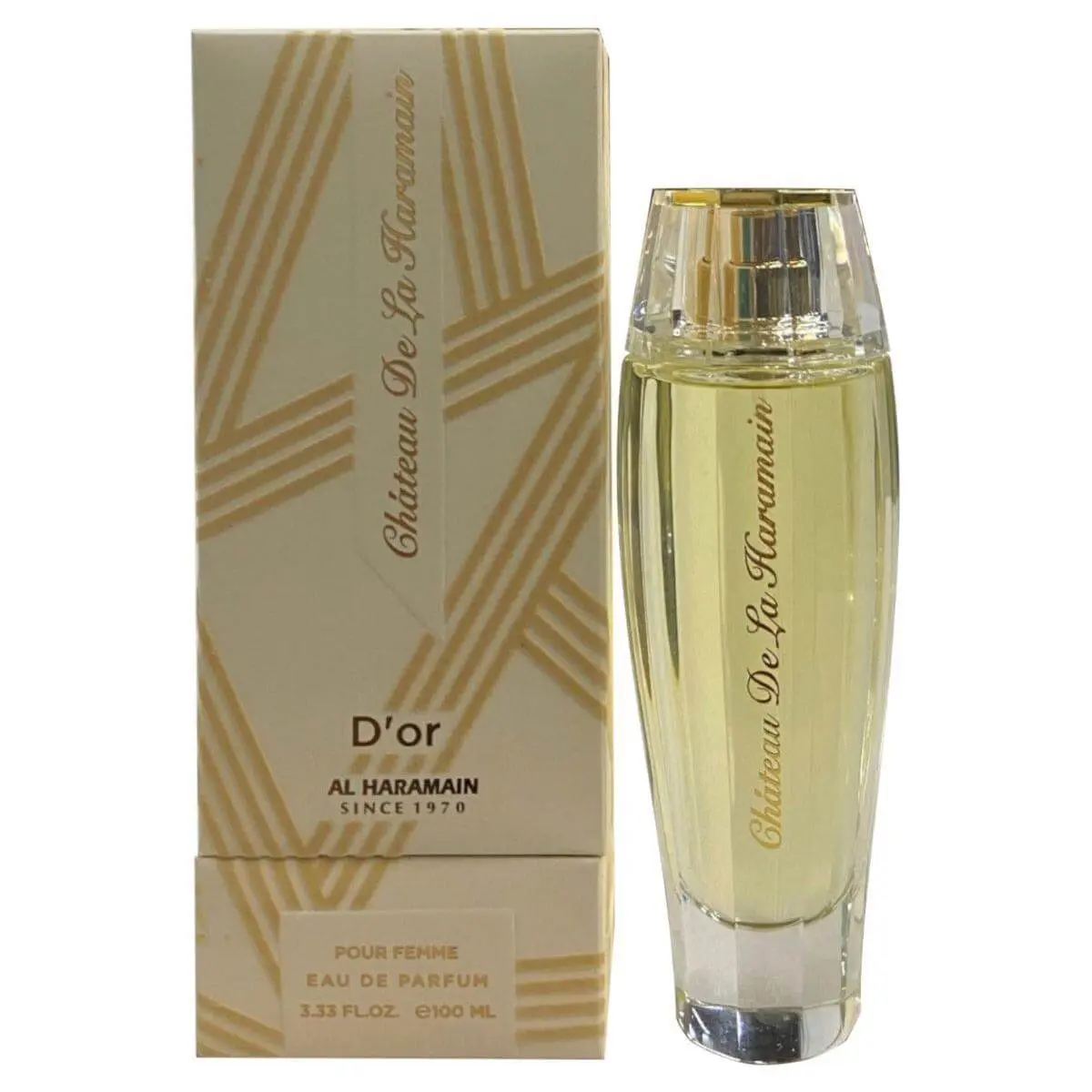 AL HARAMAIN Chateau De La Haramain D'or EDP Full-Size Women's Fragrance - 3.3 fl oz (3.4 fl oz Option, 3 to 3.9 fl oz Range), Lemon Citrus & Orange Top Notes, Fruity-Floral, Jasmine, Patchouli Base, Pork-Free, New Box