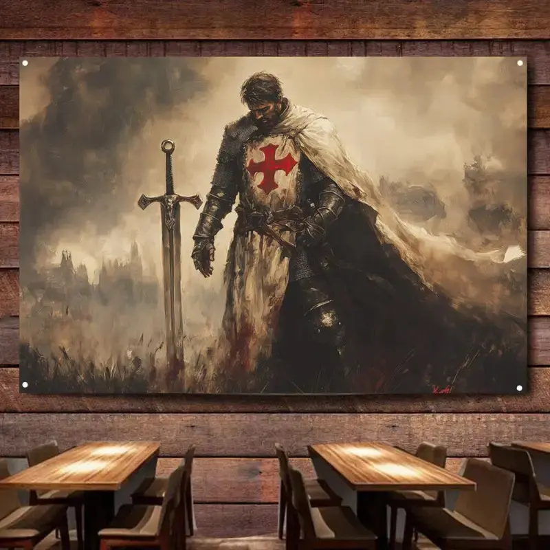 Crusaders Knights Templar Tapestry Flag Wall Decor - Medieval Theme Home Design Grommets, Fabric, Templar Knight with Sword and Cross, Ideal for Man Cave or Bar, Bar Wall Art |       Medieval Theme Decor |       Detailed Fabric Art, Medieval Home De