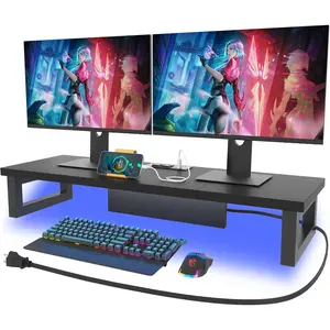 Dual Monitor Stand Riser with Power Outlet, Computer Monitor Stand Riser for 1~2 Monitors, Multi-Purpose Desktop Organizer Riser for Computer, Laptop, Printer, TV