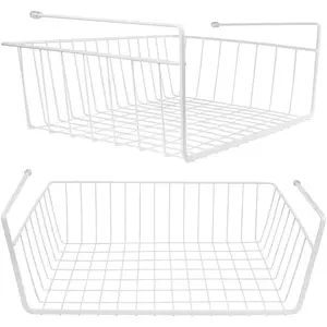 2 Pack White Under Shelf Wire Hanging Storage Baskets, Under Cabinet Add-on Slide-in Storage Racks Organizer for Kitchen Pantry Desk Bookshelf