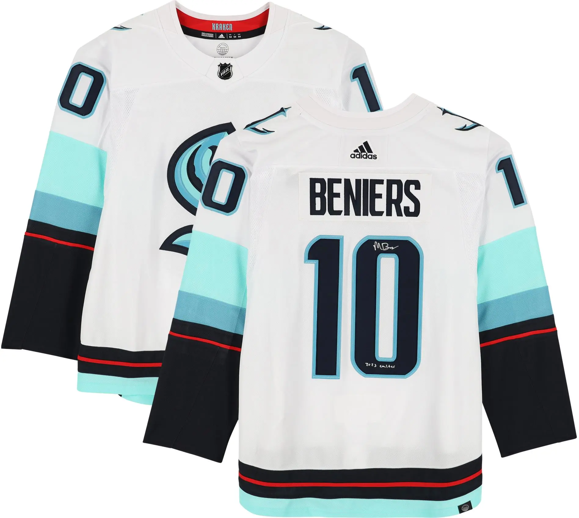 Matty Beniers Seattle Kraken Autographed White Adidas Authentic Jersey with "2023 Calder" Inscription - Fanatics Authentic Certified