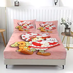 3-piece strawberry girl patterned bed sheet set, including 1 bed sheet and 2 pillowcases, anti slip dust cover suitable for bedroom, suitable for daily holiday birthday gifts