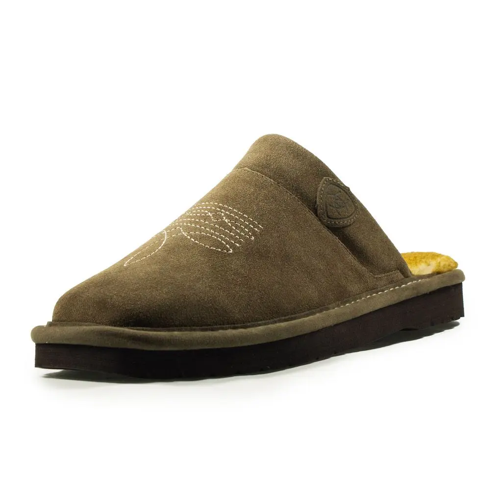 ARIAT Men’s Silversmith Square Toe Suede Leather Slip On Slipper - Stone, Bug Stitching, EVA Outsole, Foam Cushion, Casual Indoor-Outdoor Comfortable Footwear, Wide Square, Faux Single Stitch Welt Finishing