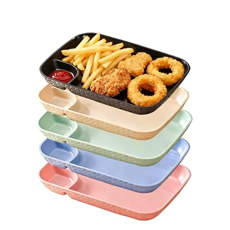 5pcs Divided Snack Plate Set, Dining Plate Set, Thick Plastic Compartment Plates, Divider Plate for Dumplings Sushi French Fries Dip Sauce, Microwave Dishwasher Safe Tableware, Plastic Food Plates