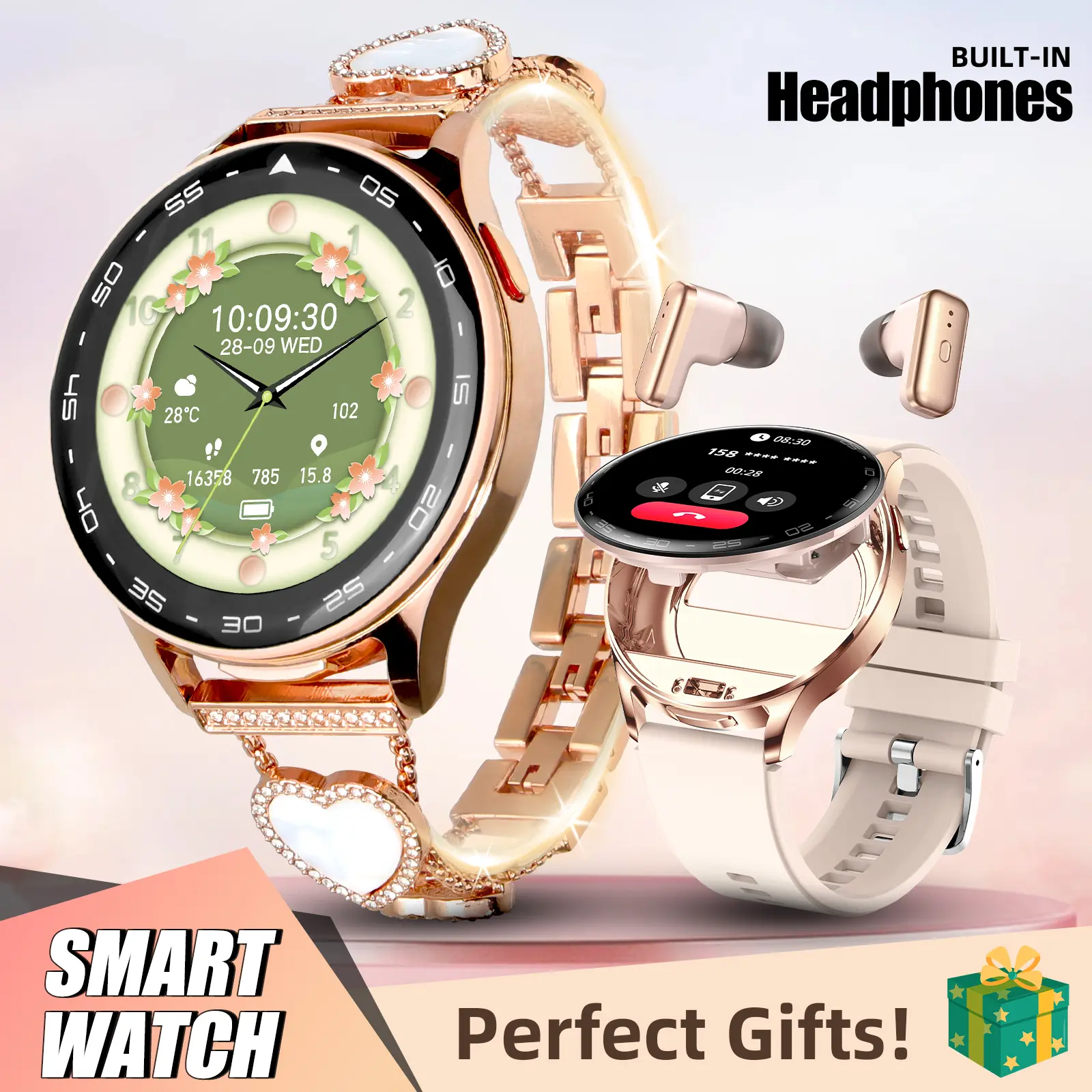 Smart Watch with Earbuds, 1.39 Inch Round Digital Watch with Wireless Call Answer, 2 in 1 Trending Smartwatch with Step Counter Weather Check for iOS Android 2 Straps Gifts for Women Meng