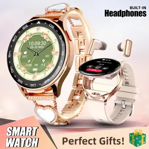 Smart Watch with Earbuds, 1.39 Inch Round Digital Watch with Wireless Call Answer, 2 in 1 Trending Smartwatch with Step Counter Weather Check for iOS Android 2 Straps Gifts for Women Meng