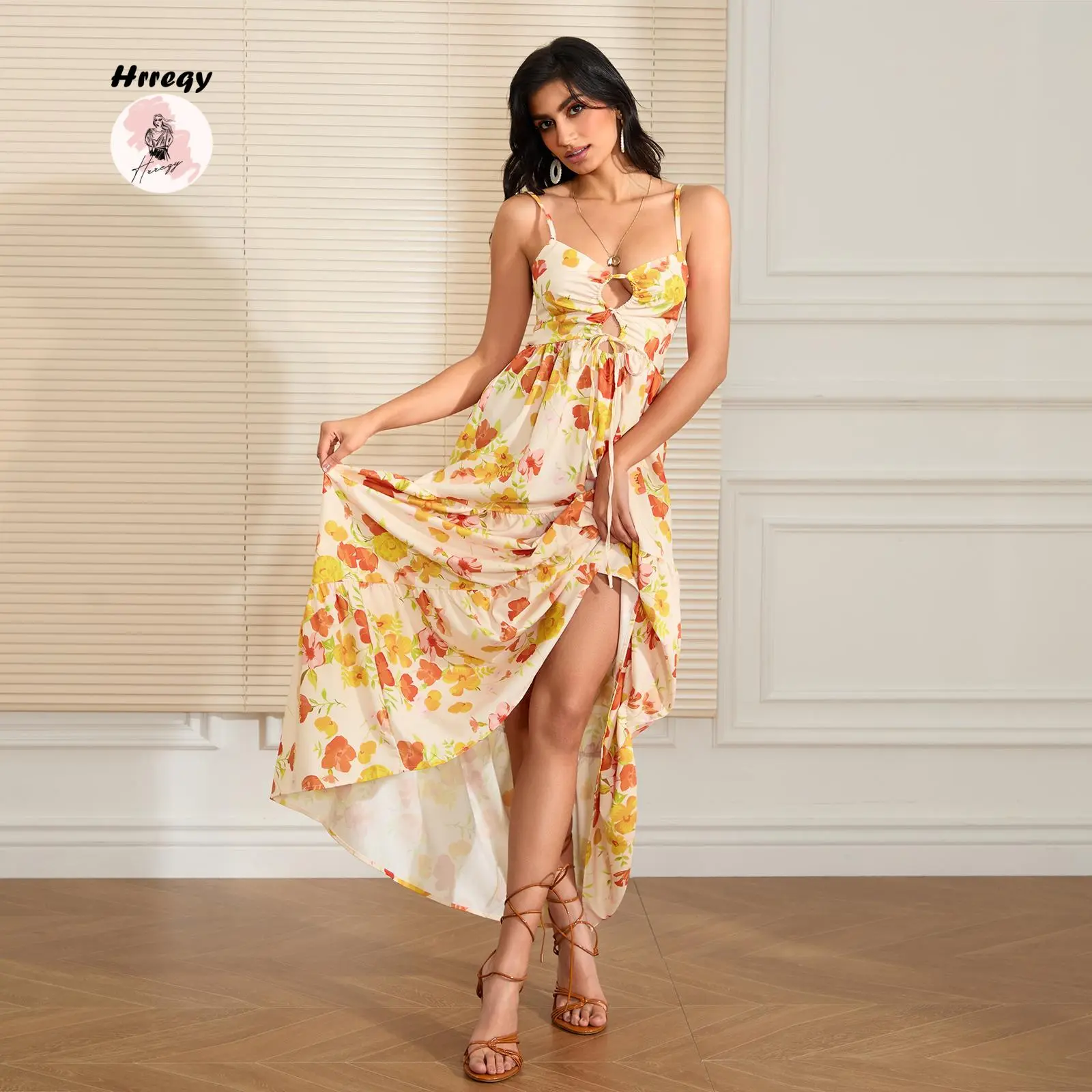 Women's Long Beach Dress Sleeveless Spaghetti Strap Cross Tie-up Front Floral Print Dress Midi Slip Dress