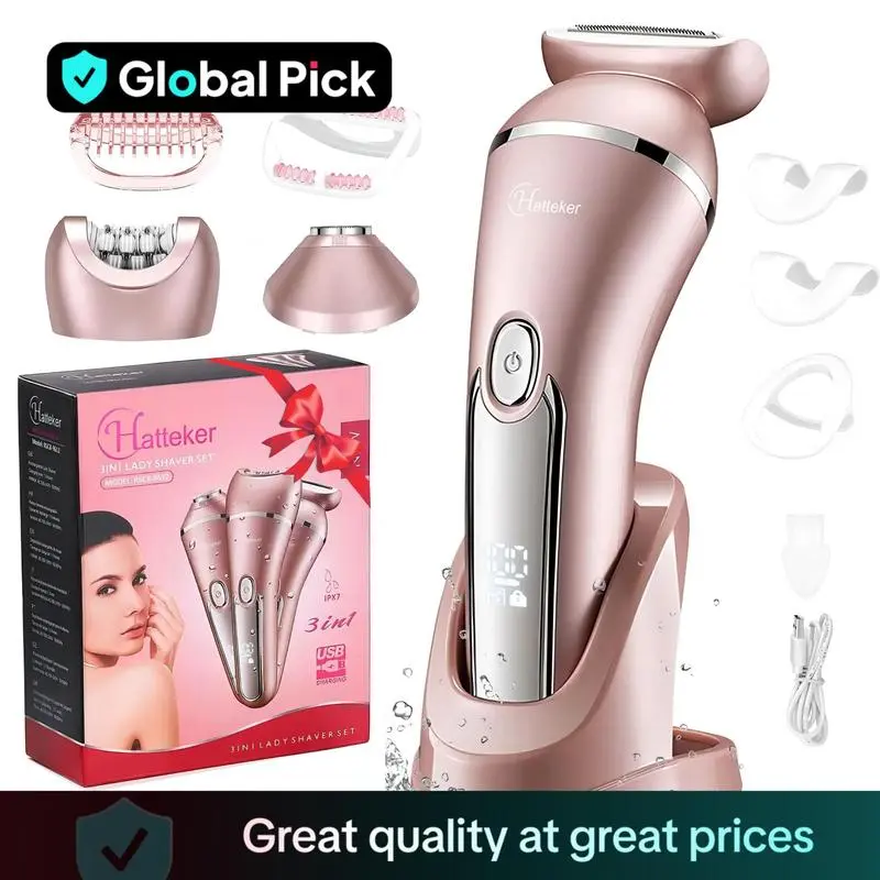 Hatteker Electric Shaver for Women Lady Epilator Electric Razors Kit Hair Remover for Face Chin Arm Leg Armpit Bikini Trimmer Painless Waterproof USB Rechargeable Dry Wet with Detachable Head 3 in 1 Shaving Products Smoother