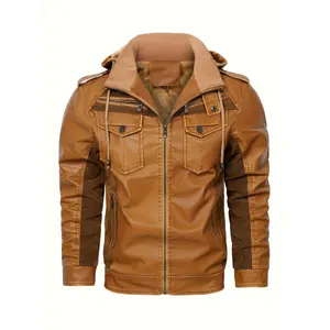 [Vintage Charm] Men's Warm Fleece-Lined PU Leather Jacket - Vintage Brown Biker Style with Zippered Hood, Plush Fur Collar & Cuffs, Long Sleeve Winter Coat for Casual Streetwear, Biker Jacket