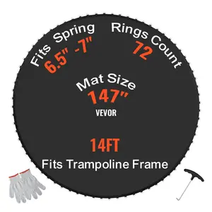 VEVOR Replacement Trampoline Mat, Jumping Mat Fits 14ft Frame, Universal Jumping Mat for 14ft Round Trampoline, Reinforce UV-Resistant Mat with Spring Tool & Durable V-Rings, Fit 6.5"-7" Spring Lengt